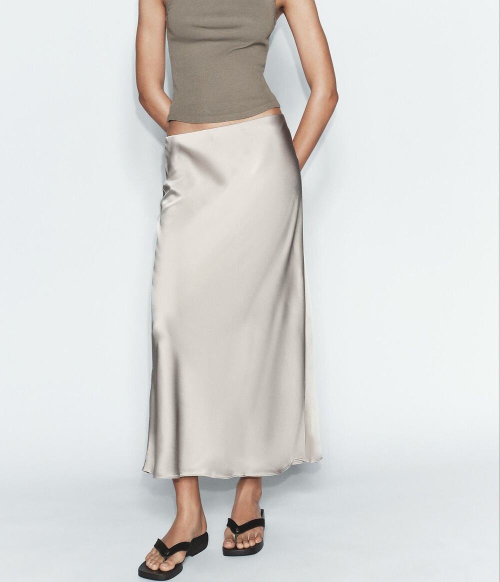 Zara Satin Midi Skirt Taupe Bias Cut Minimalist Size XS